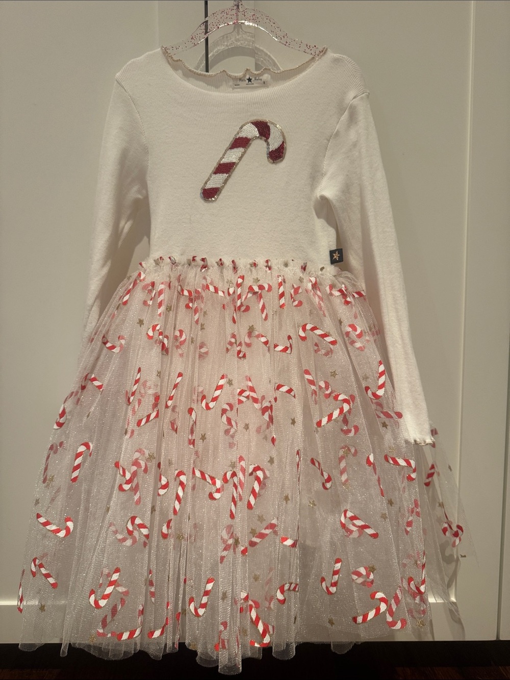 Girls' White Candy Cane Tulle Holiday Dress